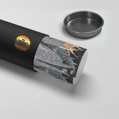 Rolled luxury poster woman walking cheetah in black premium packaging tube