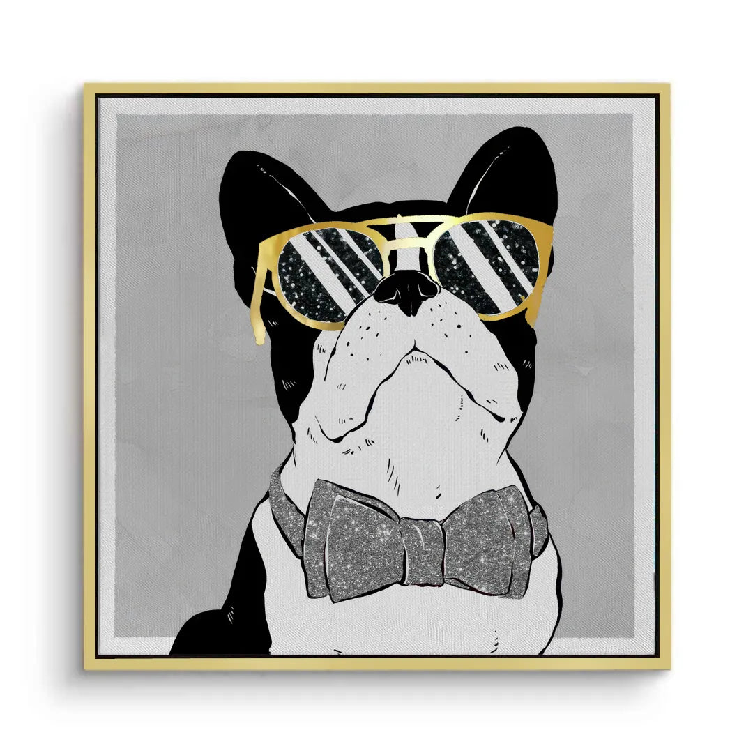 2Gold framed canvas print of French Bulldog grey background