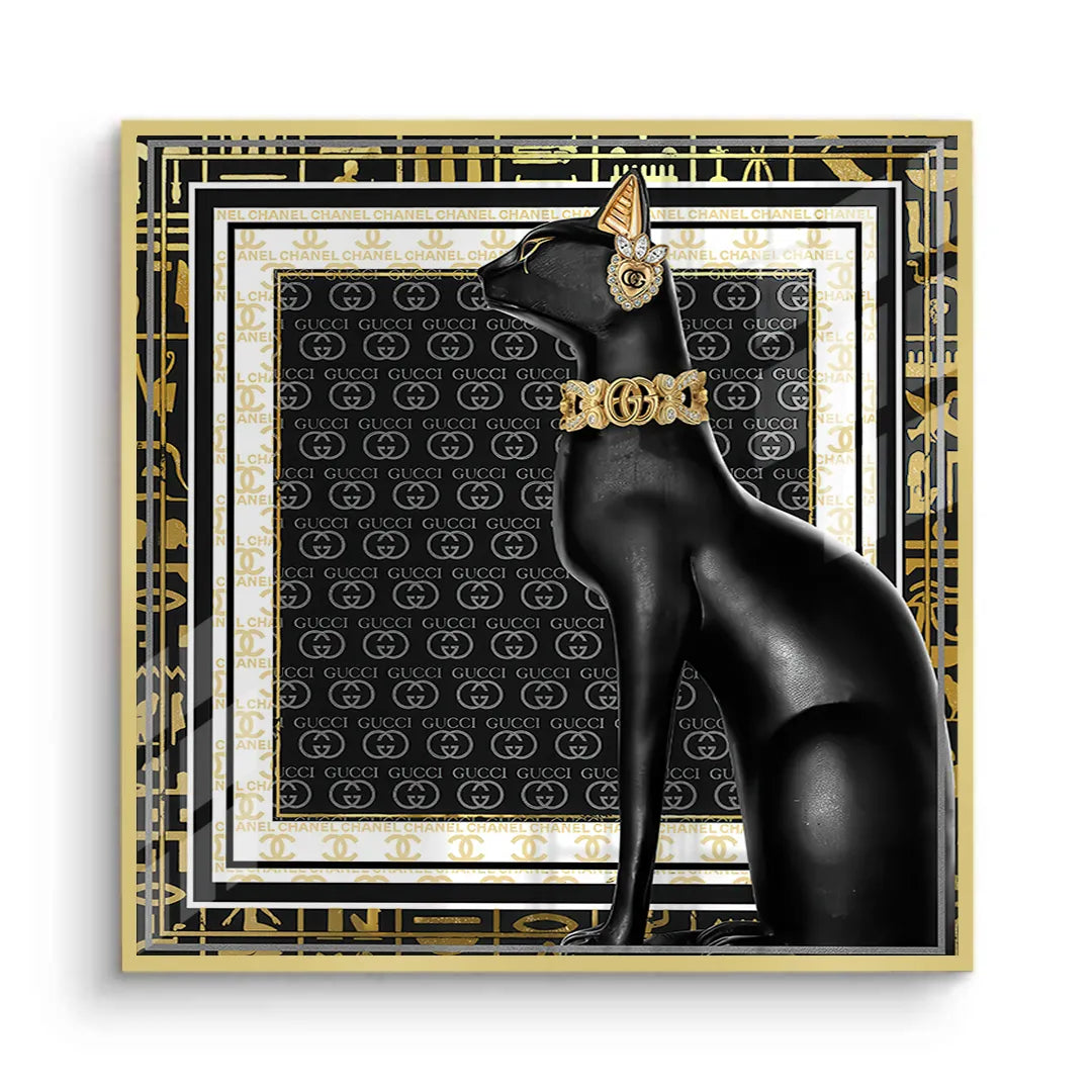 Gold framed fine art print of Black Cat with designer logo background