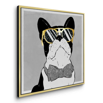 Close-up of Frenchie canvas print gold frame detail elegant art