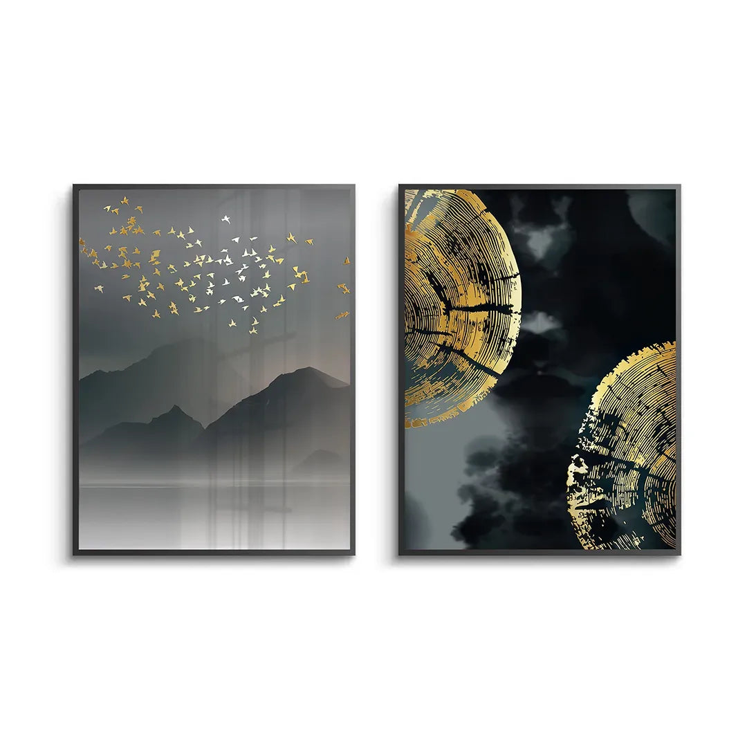 2Gold Birds and Tree Ring Set of 2 - Fine Art