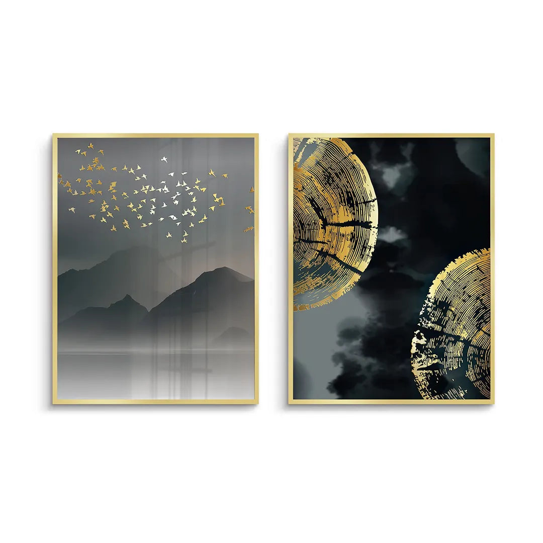 2Gold Birds and Tree Ring Set of 2 - Fine Art