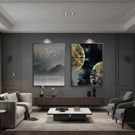 Gold Birds and Tree Ring Set of 2 - Fine Art