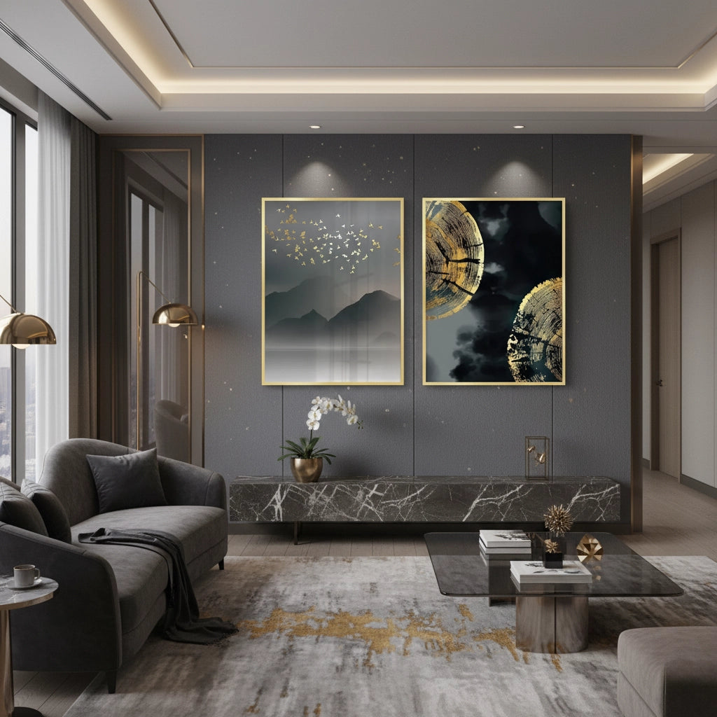 2Gold Birds and Tree Ring Set of 2 - Fine Art