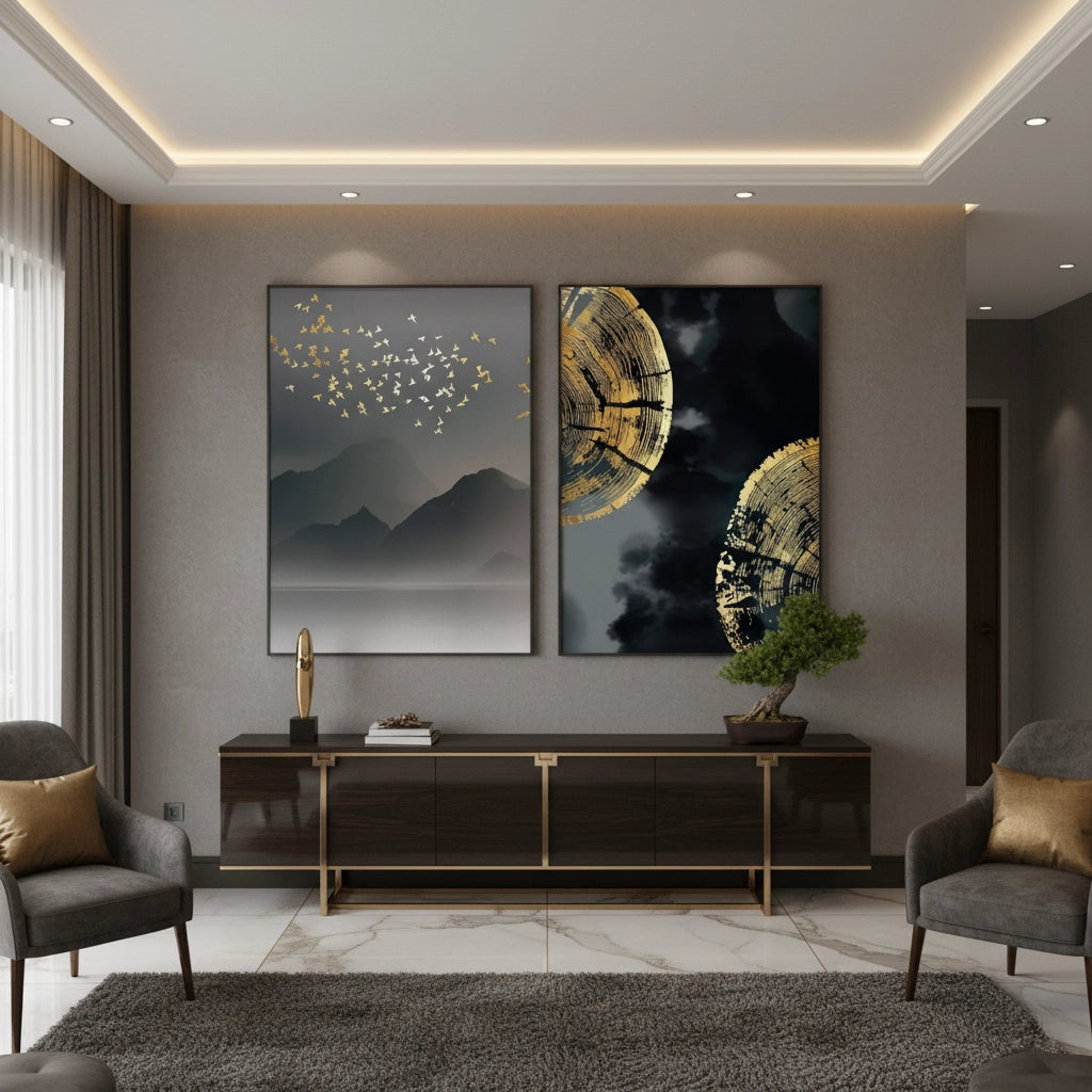 Gold Birds and Tree Ring Set of 2 - Canvas - Jasmineart.ae