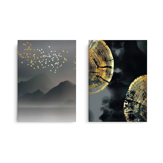Gold Birds and Tree Ring Set of 2 - Canvas