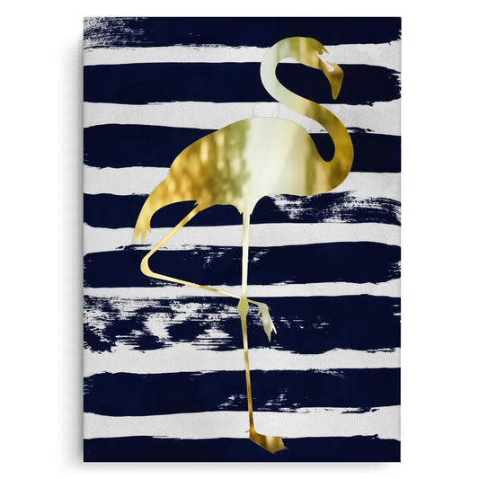 Full view of the gold flamingo canvas art over a navy blue and white brushstroke striped background.
