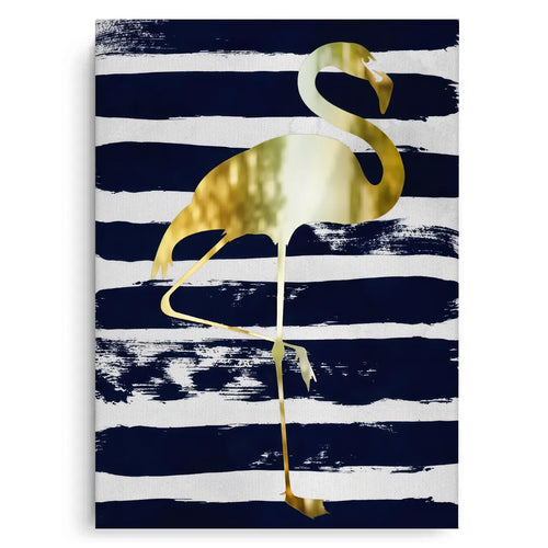 Full view of the gold flamingo canvas art over a navy blue and white brushstroke striped background.