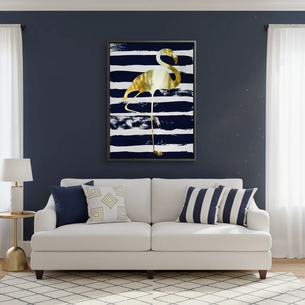 Gold Flamingo,Navy Blue - Canvas - Jasmineart.ae