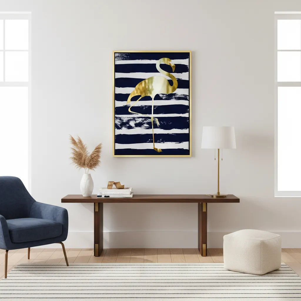 2Gold Flamingo,Navy Blue - Canvas