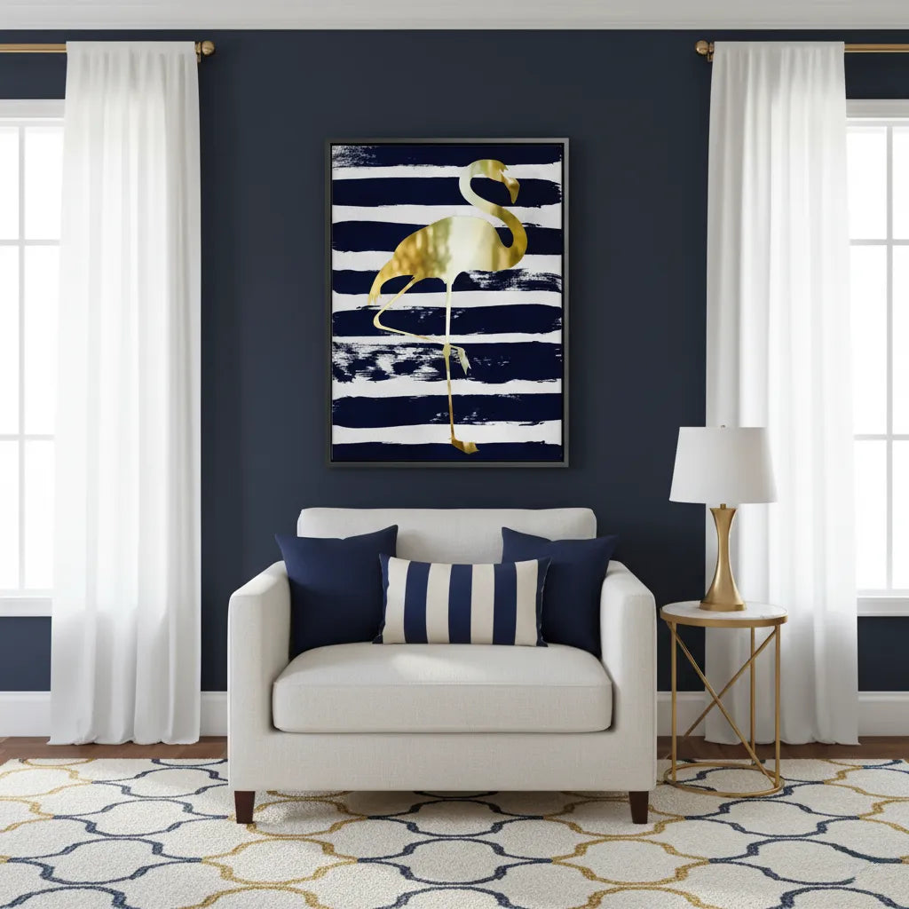 Gold Flamingo,Navy Blue - Canvas - Jasmineart.ae