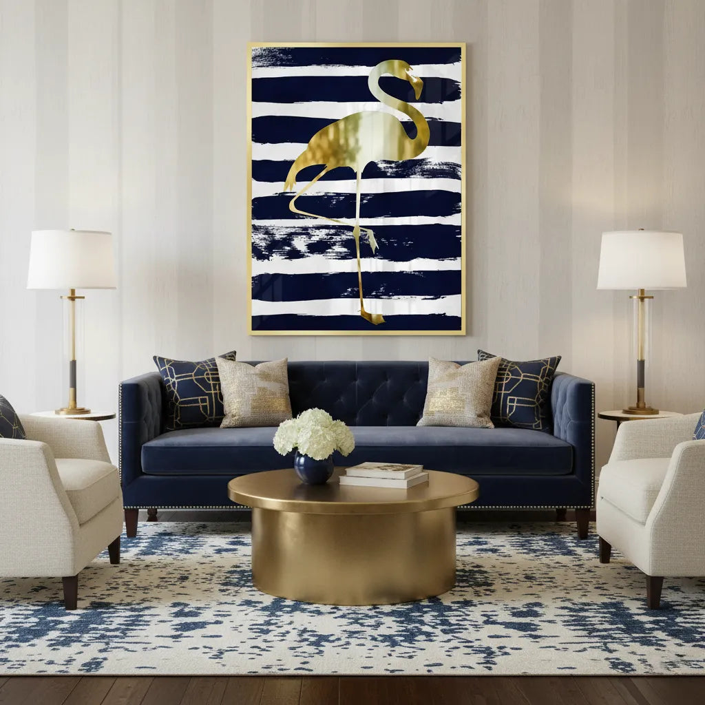 Gold Flamingo,Navy Blue - Fine Art - Jasmineart.ae