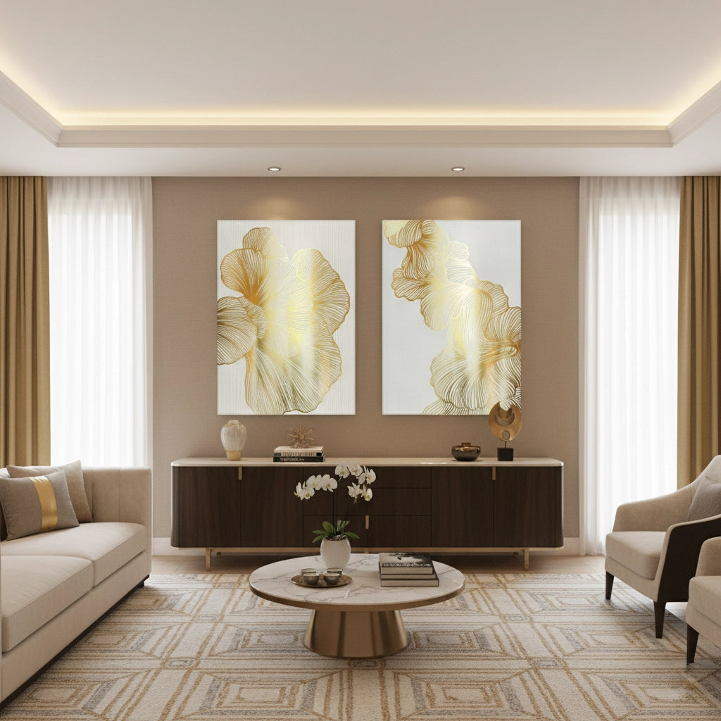 Gold Ginkgo Leaf Set of 2 - Canvas - Jasmineart.ae