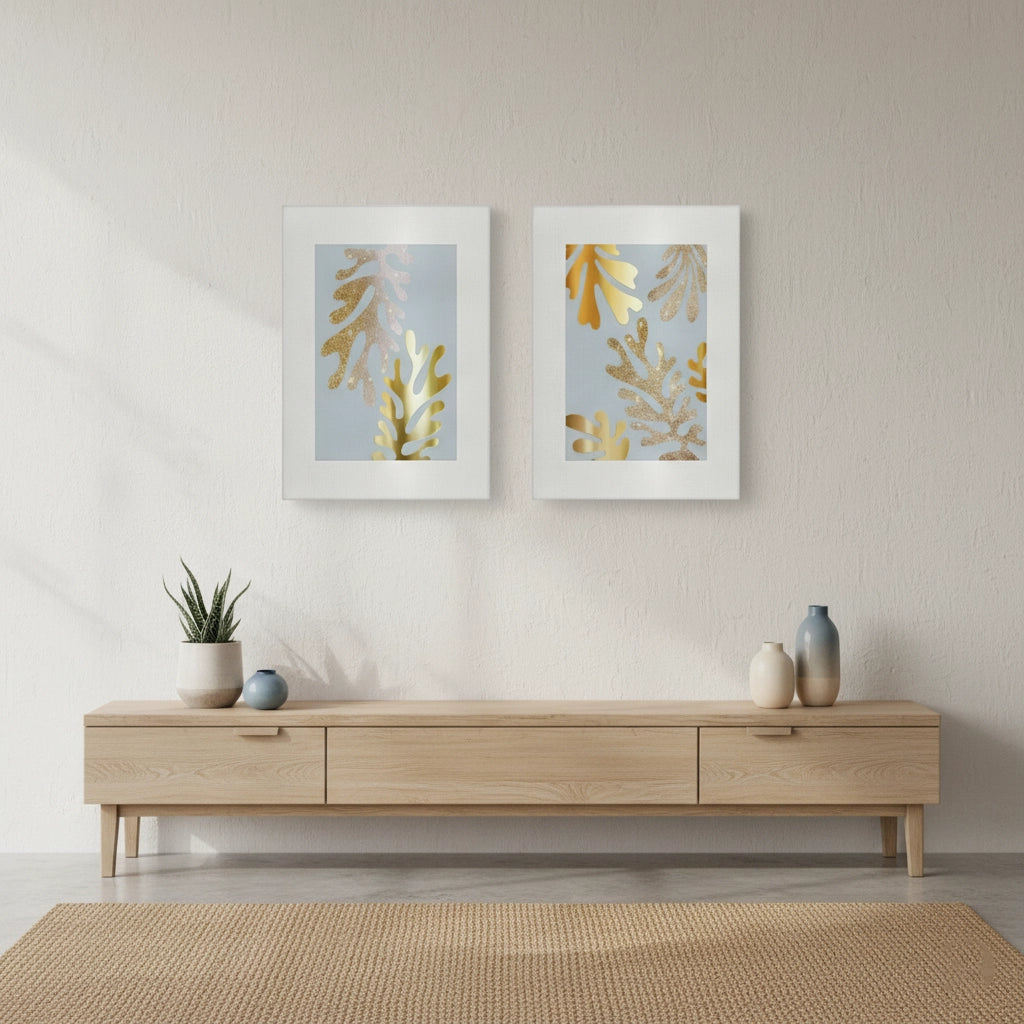 2Gold Glitter Abstract Leaves Set of 2 - Canvas