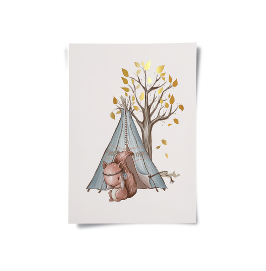 Gold Leaf Teepee Squirrel - Poster