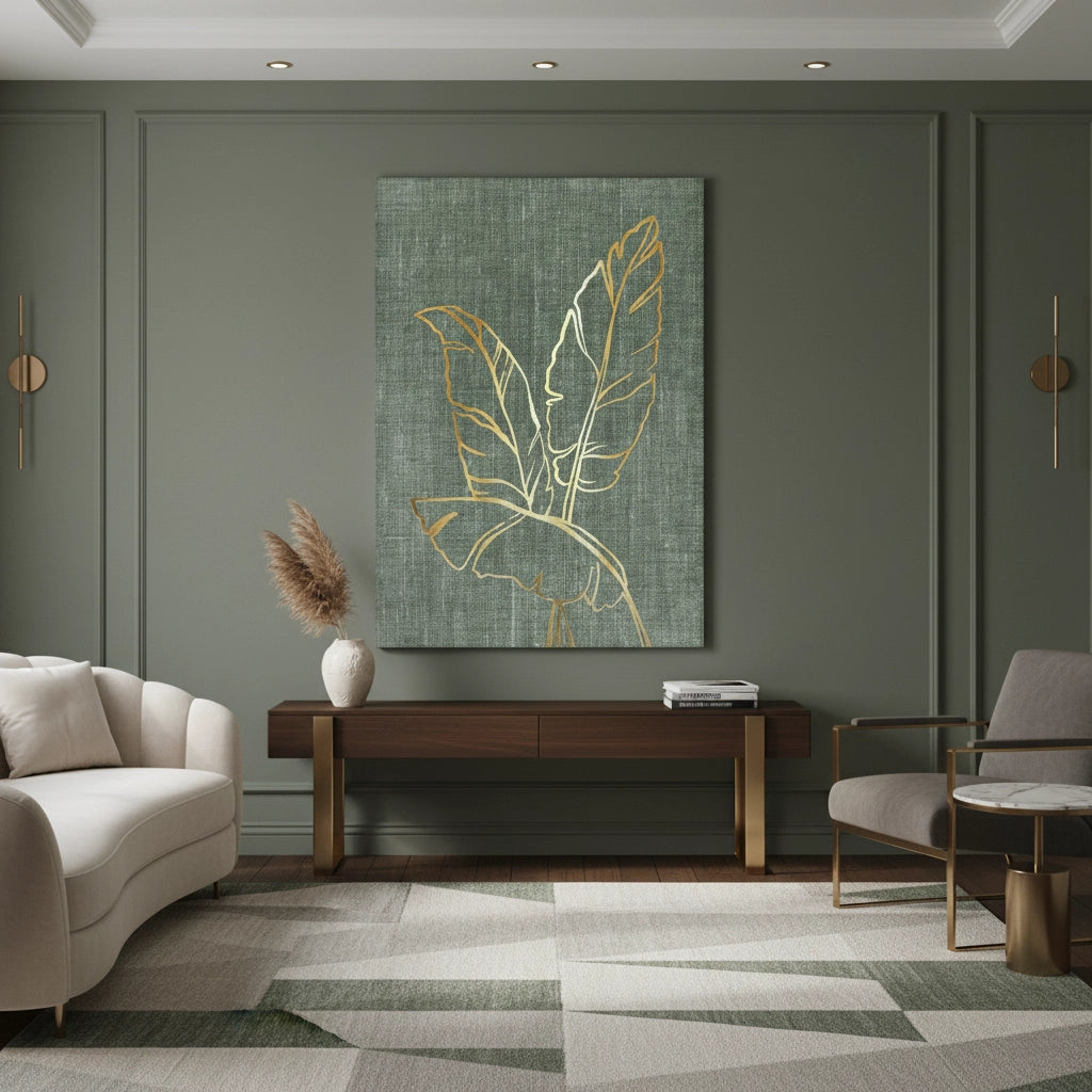 Gold Outline Tropical Leaf - Canvas - Jasmineart.ae