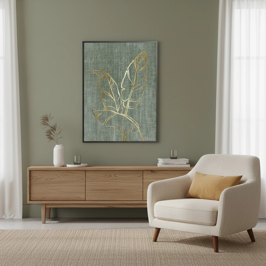 Gold Outline Tropical Leaf - Fine Art - Jasmineart.ae
