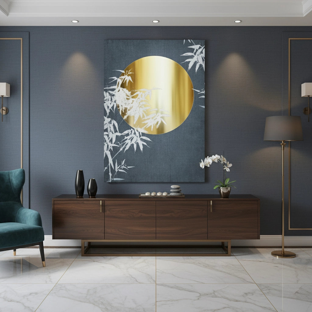 Gold Sun and Bamboo Leaves - Canvas - Jasmineart.ae