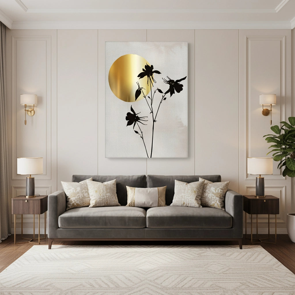 Gold Sun and Black Flower  - Canvas - Jasmineart.ae