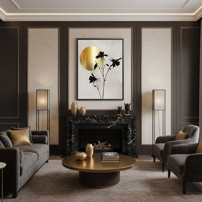 Gold Sun and Black Flower  - Canvas