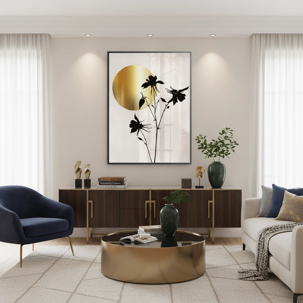 2Gold Sun and Black Flower - Fine Art