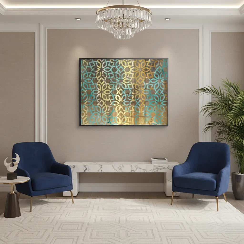 Gold Teal Pattern - Fine Art - Jasmineart.ae