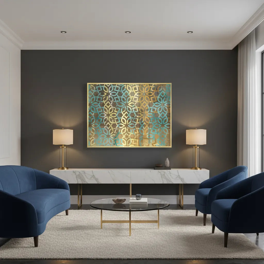 Gold Teal Pattern - Fine Art - Jasmineart.ae