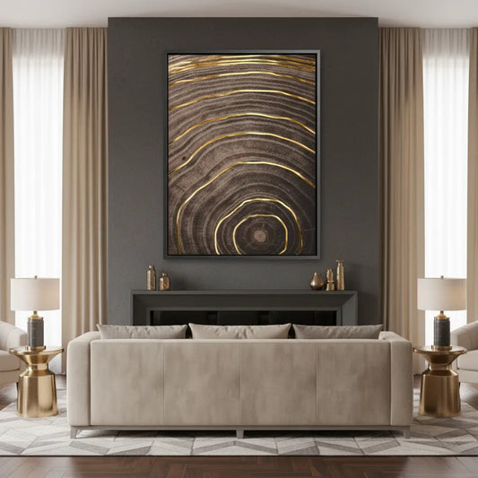 Framed Abstract Wood Grain canvas art hanging above a sofa in a sophisticated, dark-walled living room.