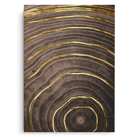 Abstract Gold Tree Ring canvas print, frameless, featuring concentric gold lines on a textured dark brown wood background.