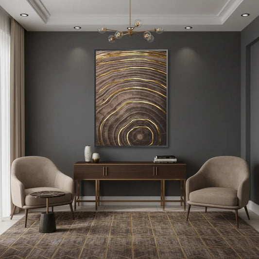 Framed abstract wood grain fine art print hanging in a sophisticated, dark-walled room above a desk.