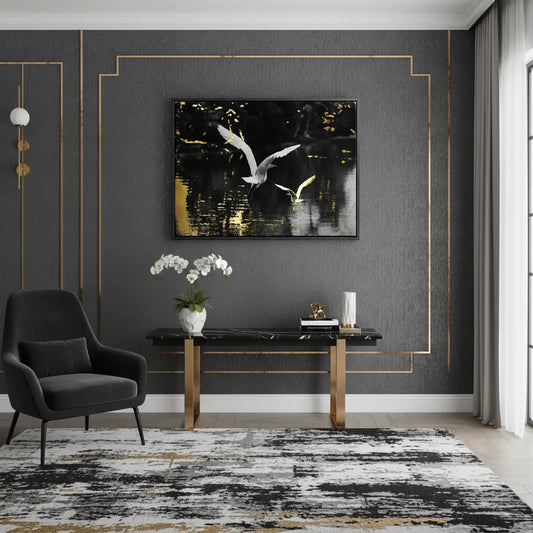 Large canvas wall art of abstract birds, displayed in a sophisticated grey living room with black furniture.