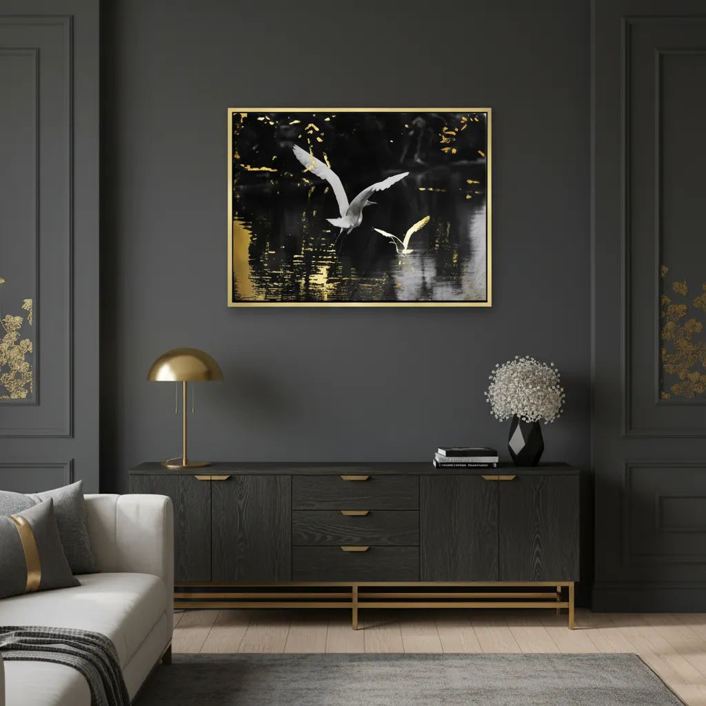 Gold and White Heron - Canvas - Jasmineart.ae