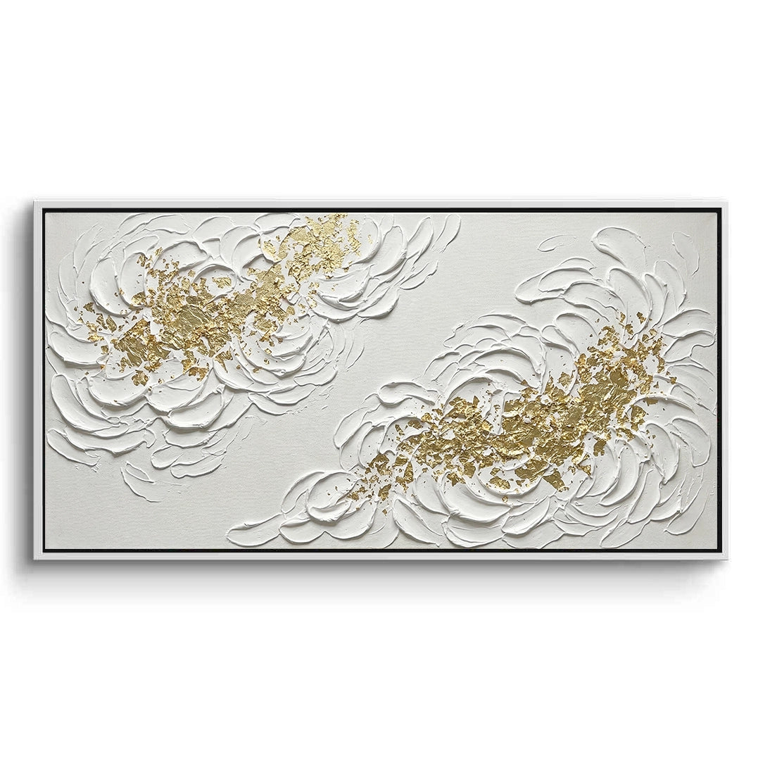 Thickly textured golden bloom impasto painting with 3D palette knife strokes, a majestic statement piece for a luxury Dubai villa lounge