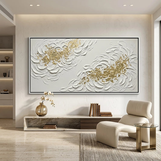 Sculptural golden bloom floral art on a neutral canvas, blending traditional gold accents with contemporary UAE interior design.