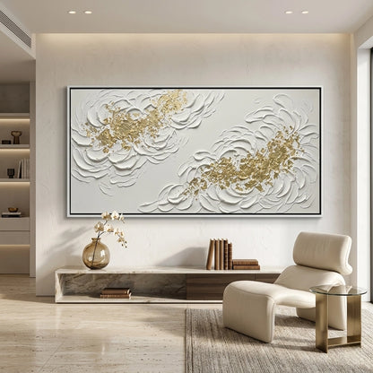Sculptural golden bloom floral art on a neutral canvas, blending traditional gold accents with contemporary UAE interior design.