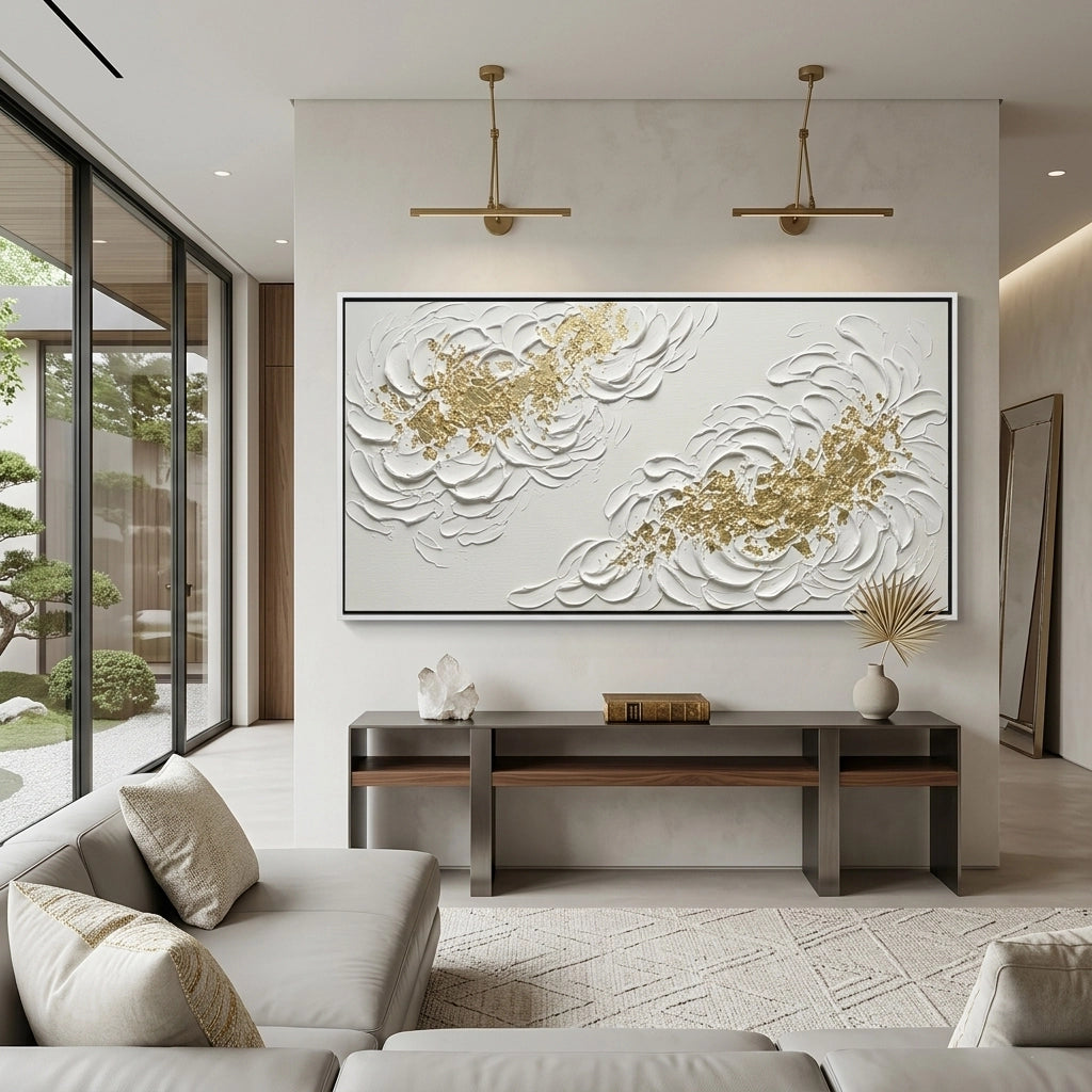 2Heavy-texture impasto golden bloom oil painting with shimmering metallic highlights, premium wall art available in the Emirates.