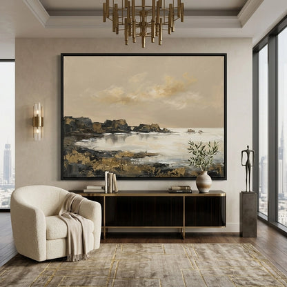 Abstract golden coastline artwork, premium coastal wall decor, UAE-inspired living room accent, modern luxury interior piece