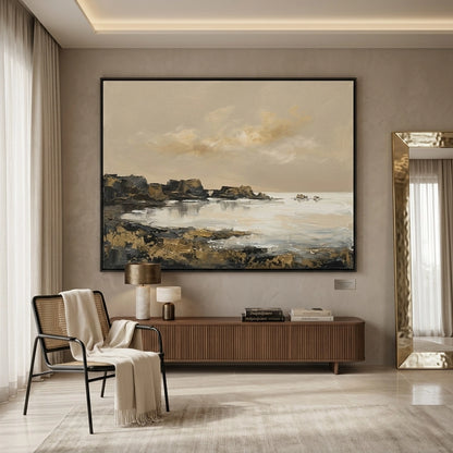 Golden shore abstract canvas, chic coastal decor for UAE homes, contemporary gold and beige abstract art, stylish wall decoration