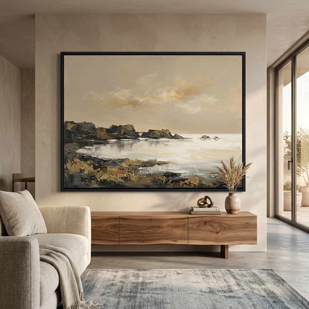 2Luxury abstract coastline art, golden tones for modern UAE interiors, elegant coastal design wall art for living spaces