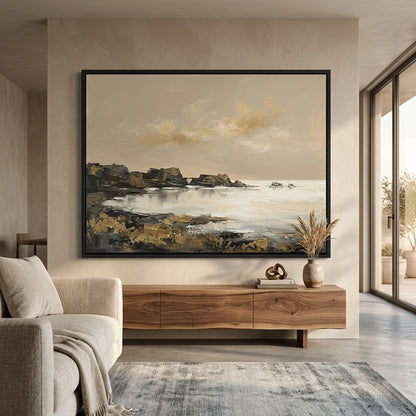 Luxury abstract coastline art, golden tones for modern UAE interiors, elegant coastal design wall art for living spaces