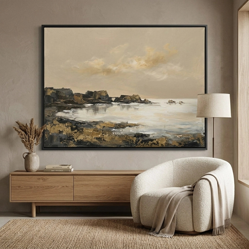 2UAE coastal abstract painting, golden coastline theme, modern luxury home decor, abstract wall art for sophisticated interiors