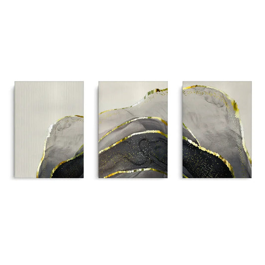 Triptych abstract art piece with gray, black, and gold colors on a light background