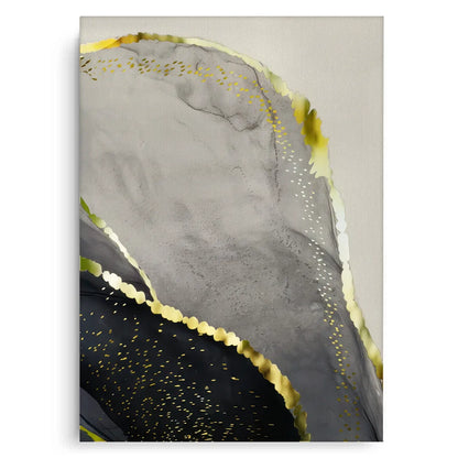 Abstract art piece with gray, black, and gold colors on a white background
