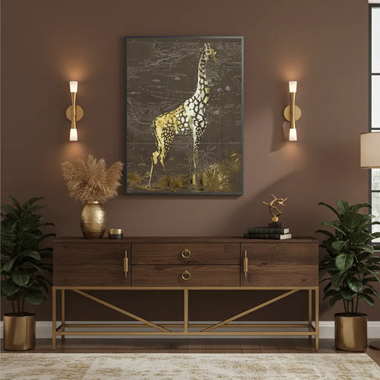 Framed giraffe fine art print hanging above a console table in a modern brown-toned room.