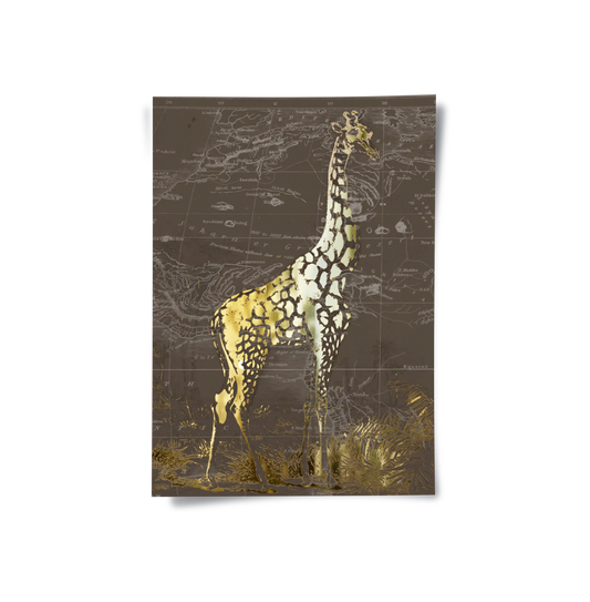 Golden Giraffe on Vintage Map - Poster