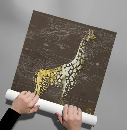 Golden Giraffe on Vintage Map - Poster