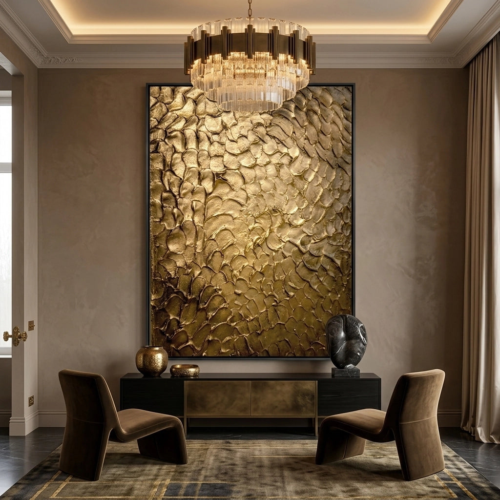 2Minimalist 'Golden Impasto' canvas art with heavy metallic palette knife textures and deep shadow play, bringing a sense of 'Gilded Luxury' to a modern Abu Dhabi villa.