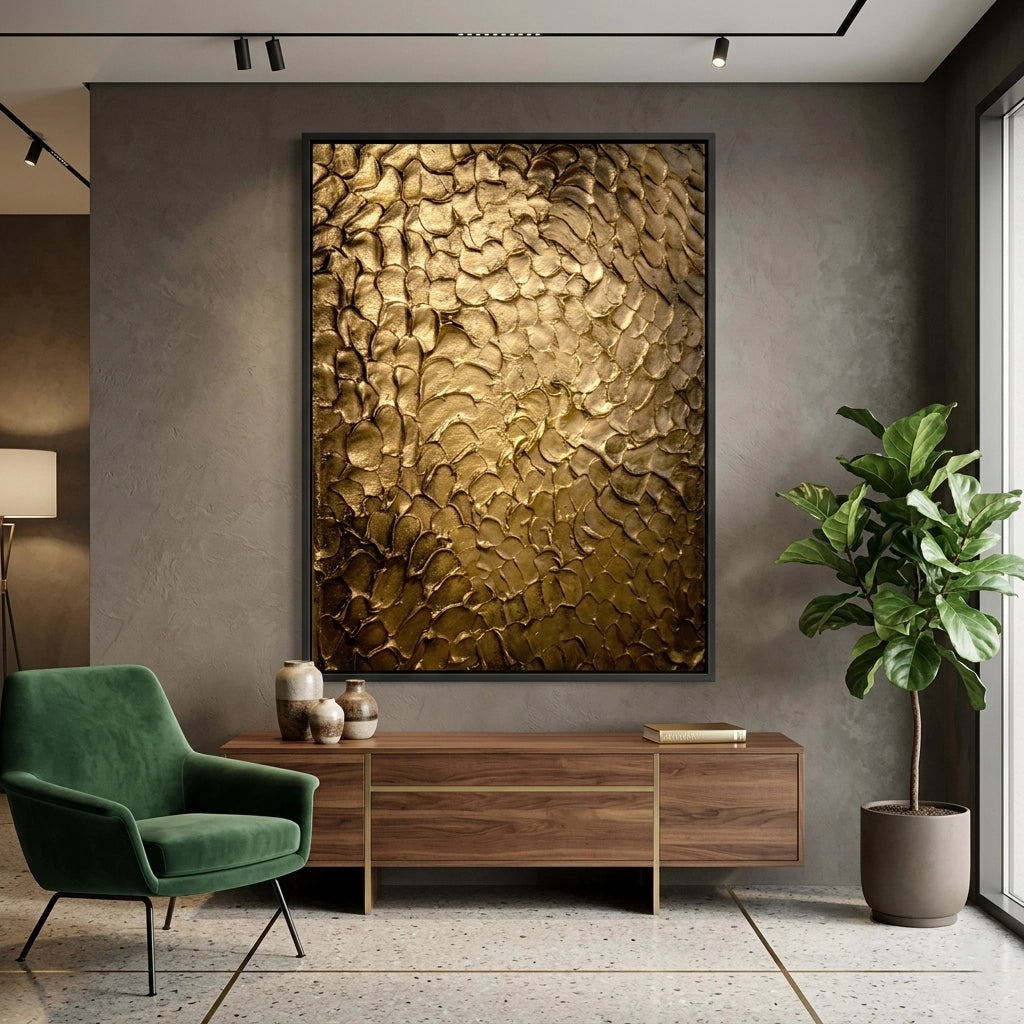 Abstract 'Golden Impasto' textured painting in a monochromatic champagne gold and bone-white palette, premium artisanal wall decor available in the UAE