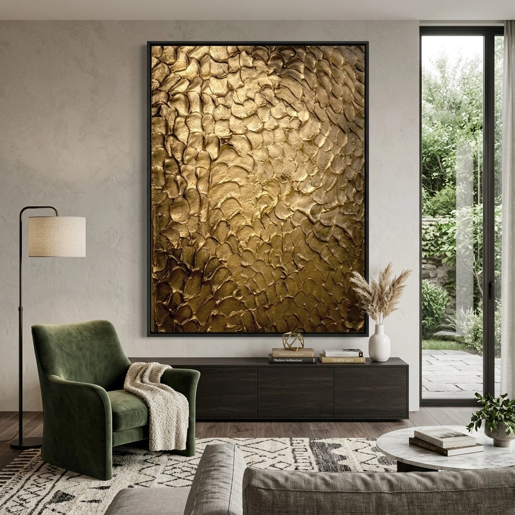 Sculptural 'Golden Impasto' console table featuring a hand-applied textured metallic finish on a minimalist frame, a unique furniture piece for high-end UAE interiors