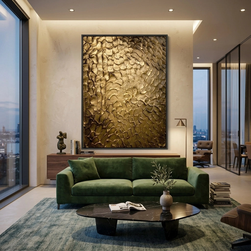 2Matte-finish 'Golden Impasto' ceramic vase with a heavy textured gold-leaf drip and organic silhouette, a chic accessory for a modern Dubai home office